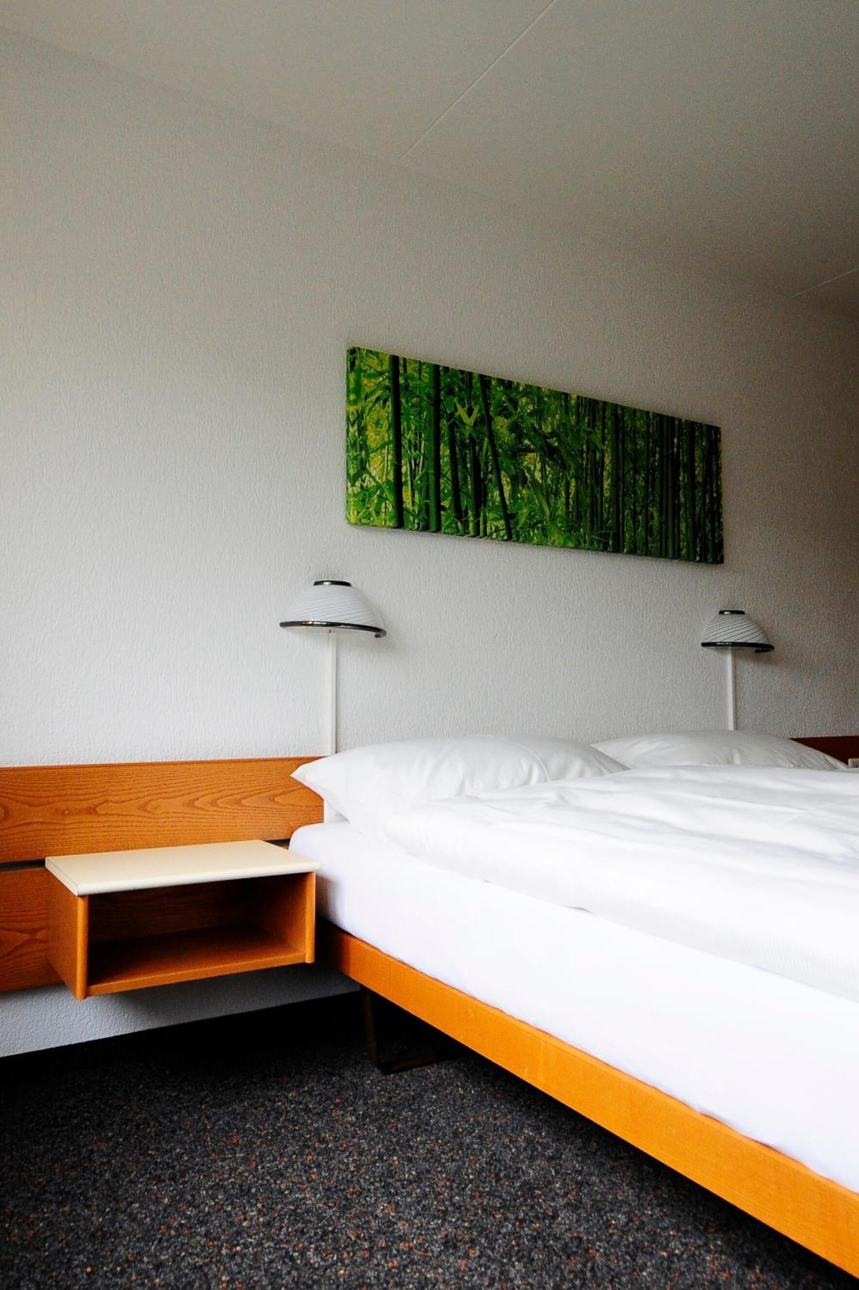 Habitación de hotel con cama, dos lámparas de noche, un cabecero de madera, un pequeño banco de madera y un cuadro con motivos de bosque verde en la pared.