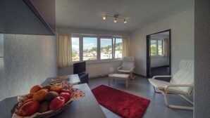 Uma sala de estar moderna com área de jantar, janelas amplas e um tapete vermelho.