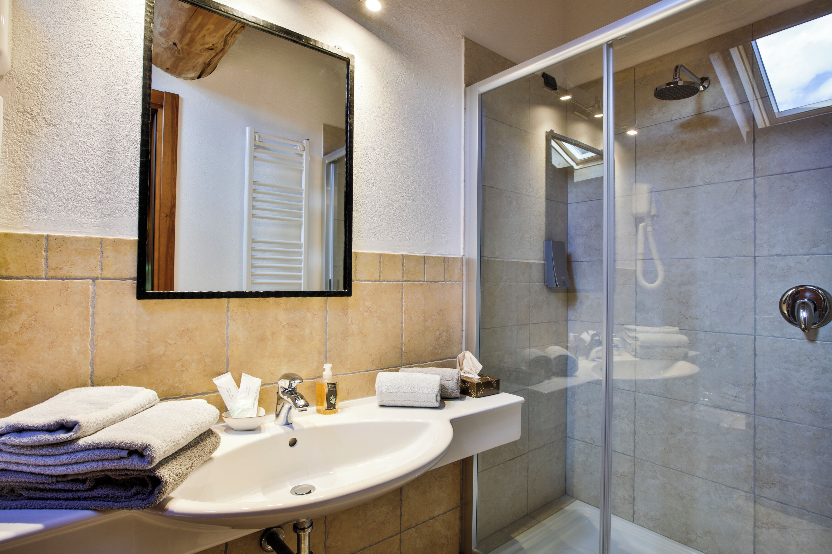A modern bathroom with a sink, mirror, and glass-enclosed shower.