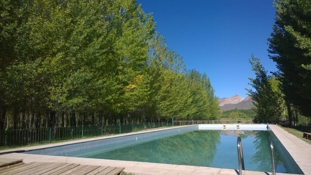A rectangular swimming pool with a wooden deck in the foreground, surrounded by dense green trees. - Cabañas Uspallata (Uspallata)