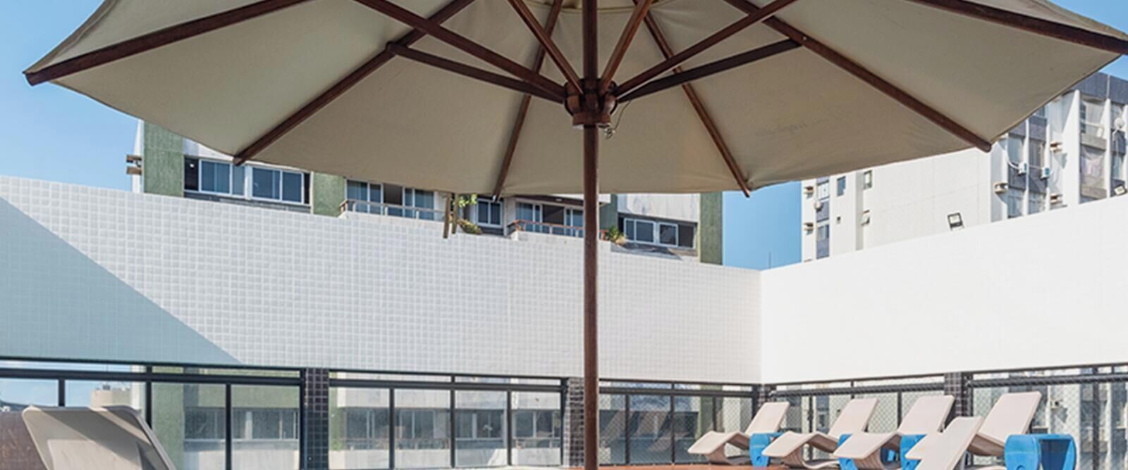 Outdoor pool, pool umbrellas, pool loungers