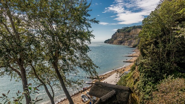 A coastal scene with a beach, a thatched-roof hut, and a cliff overlooking the sea. - The Richmond Bed & Breakfast (Shanklin)