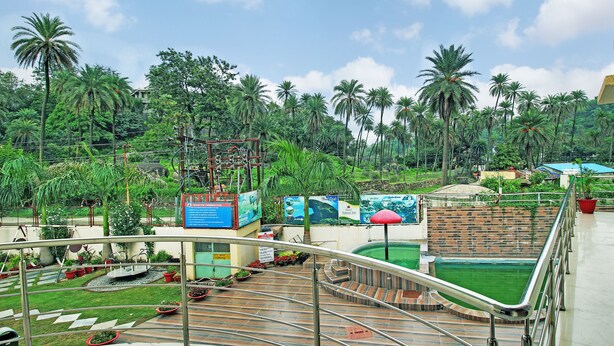 A hotel courtyard with a pool, palm trees, and a brick wall. - Hotel Sunset Inn Mount Abu with Swimming Pool (Abu Road)