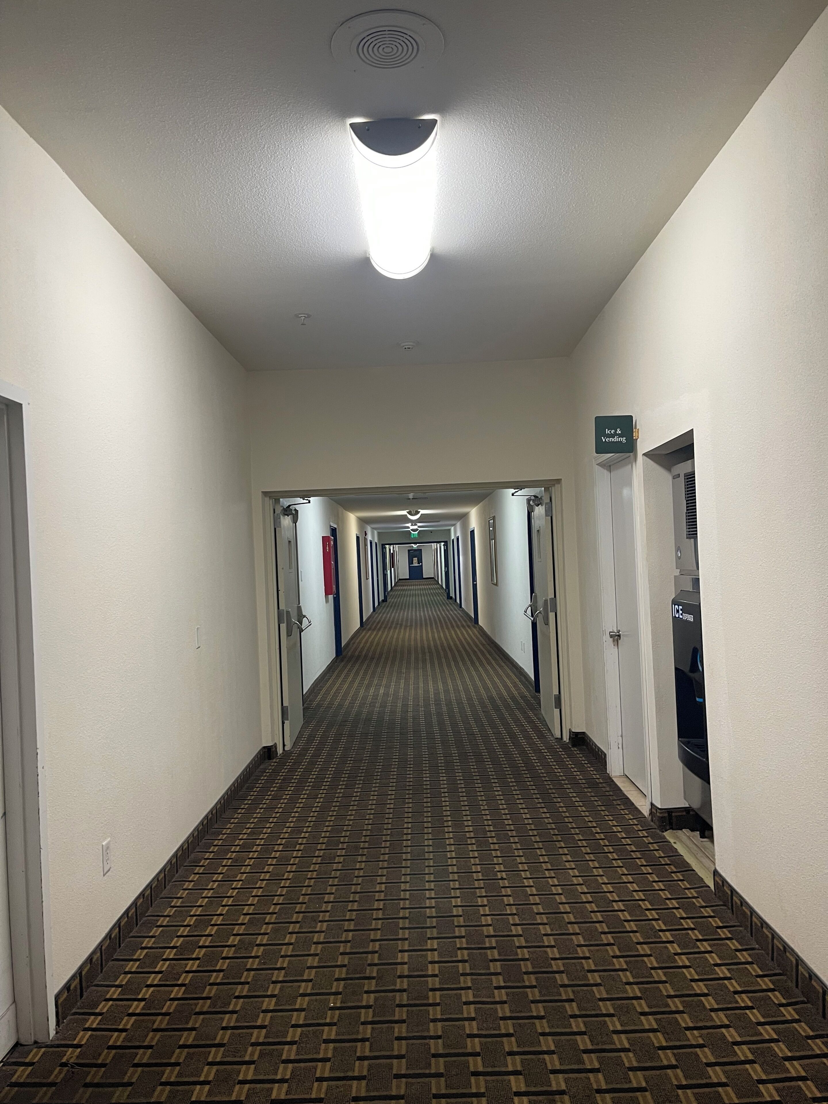 A hotel hallway with a patterned carpet, doors on both sides, and a ceiling light fixture.