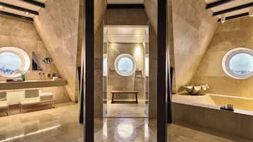 Suite, Tower | Bathroom | Designer toiletries, hair dryer, bathrobes, slippers