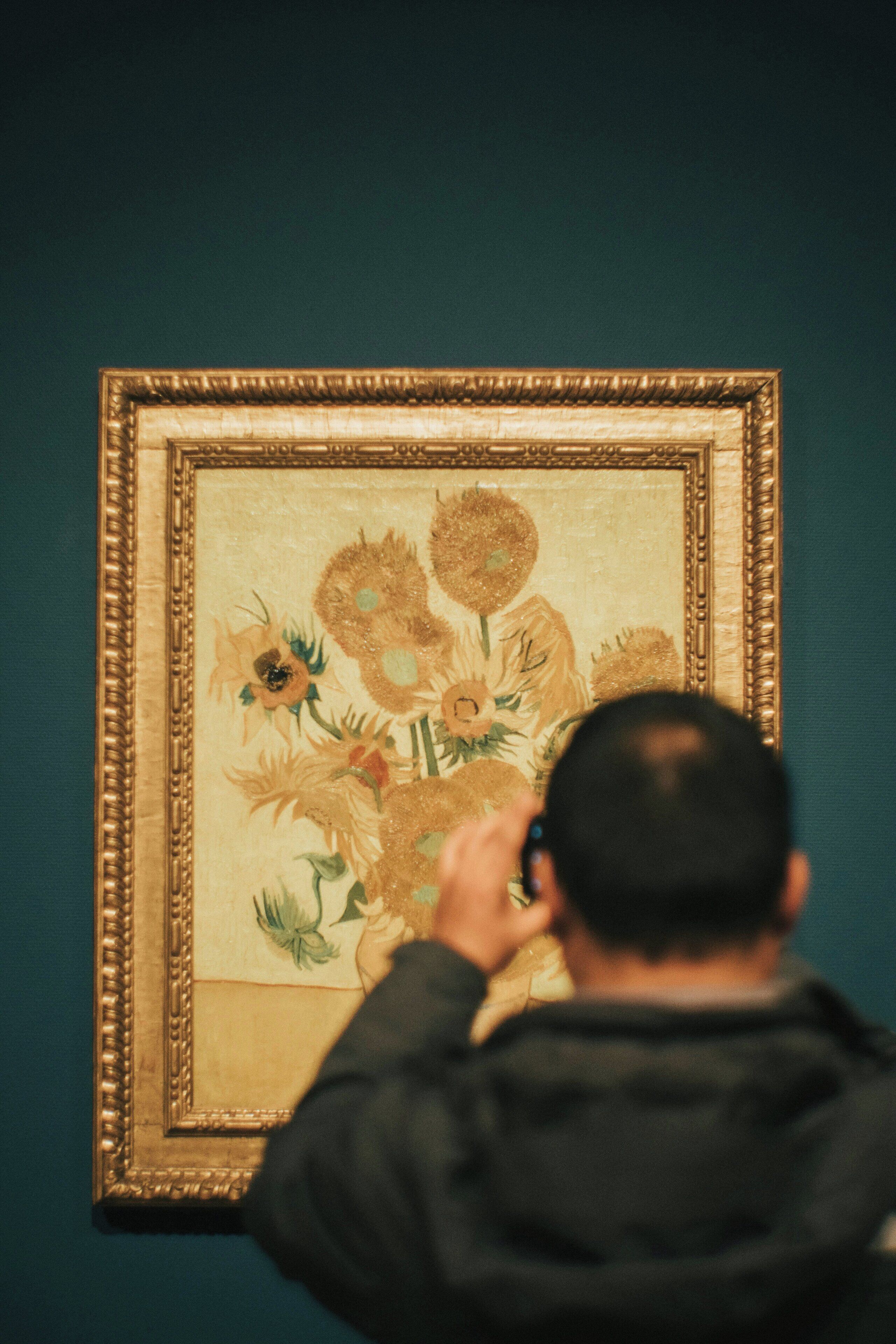A person taking a photo of a framed artwork on a wall.