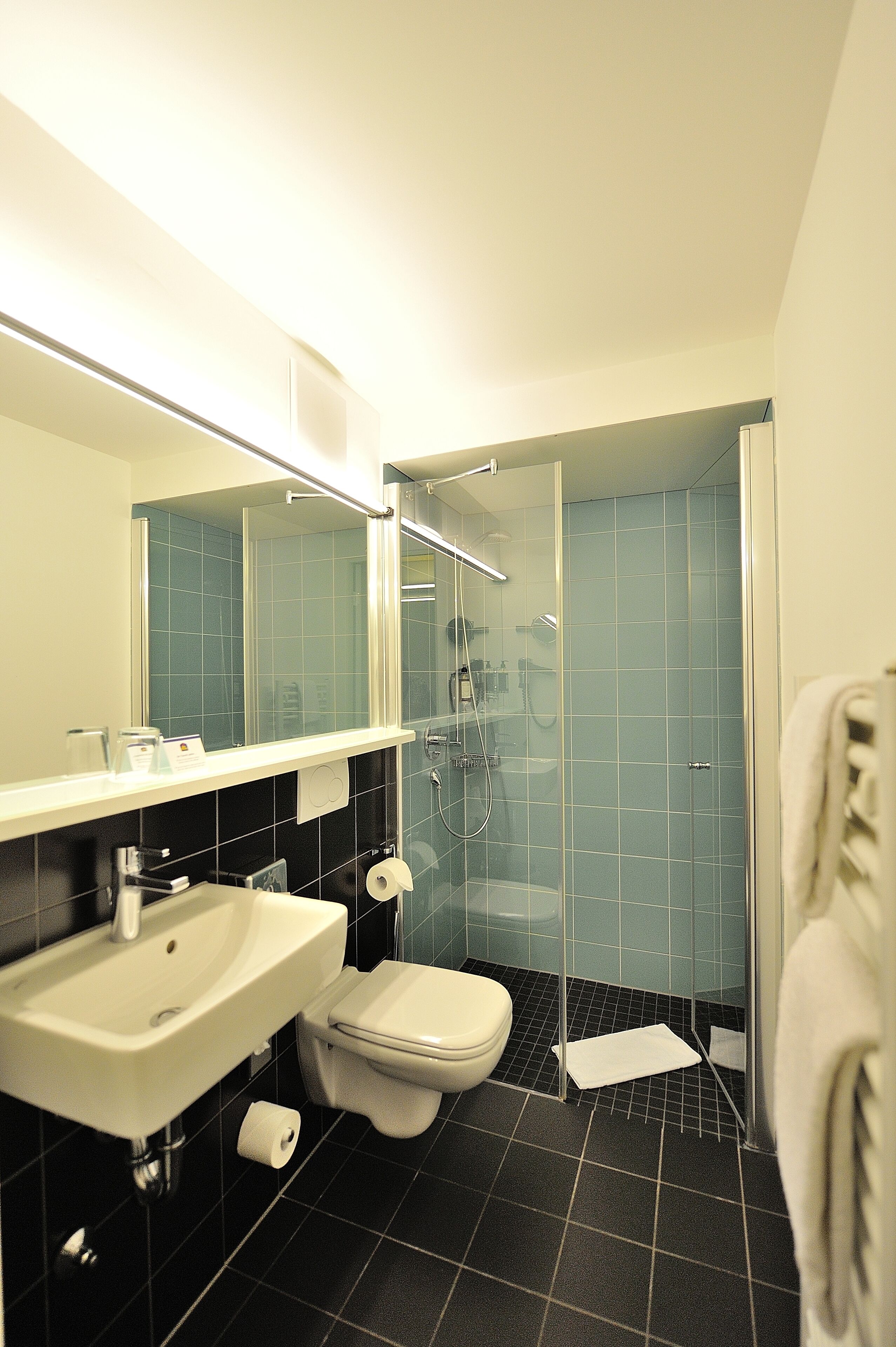 A modern bathroom with a sink, toilet, and glass-enclosed shower.
