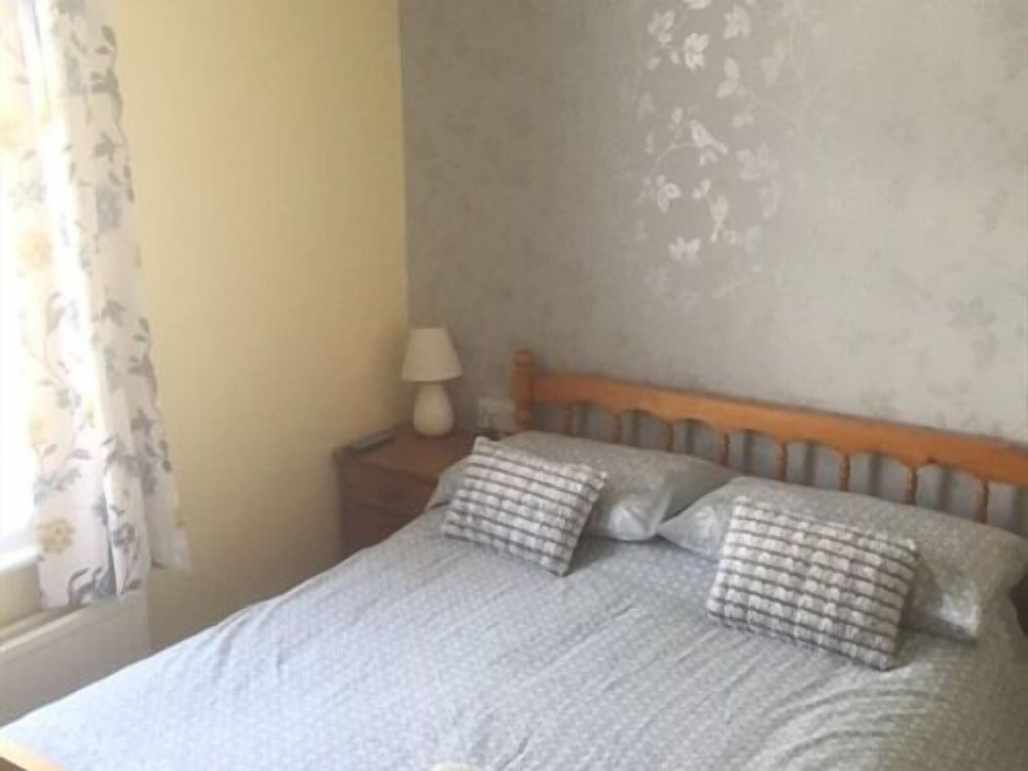 A bed with a wooden headboard, two pillows, and a nightstand with a lamp.