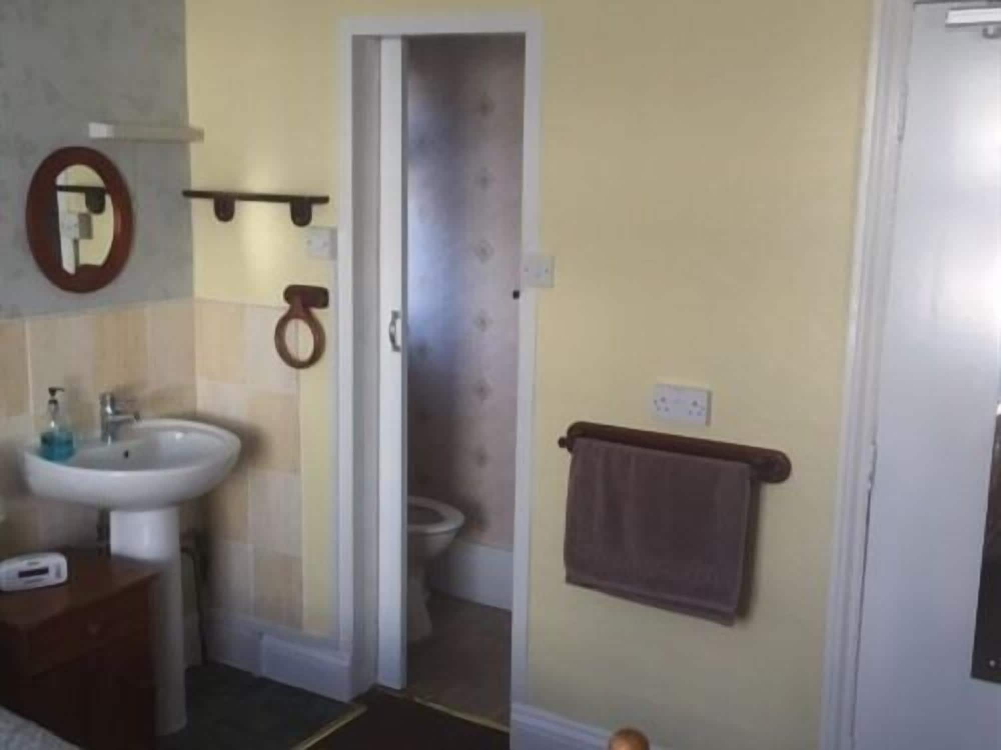 A bathroom with a sink, toilet, and towel rack.