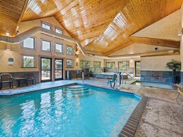 Indoor pool, outdoor pool, pool umbrellas