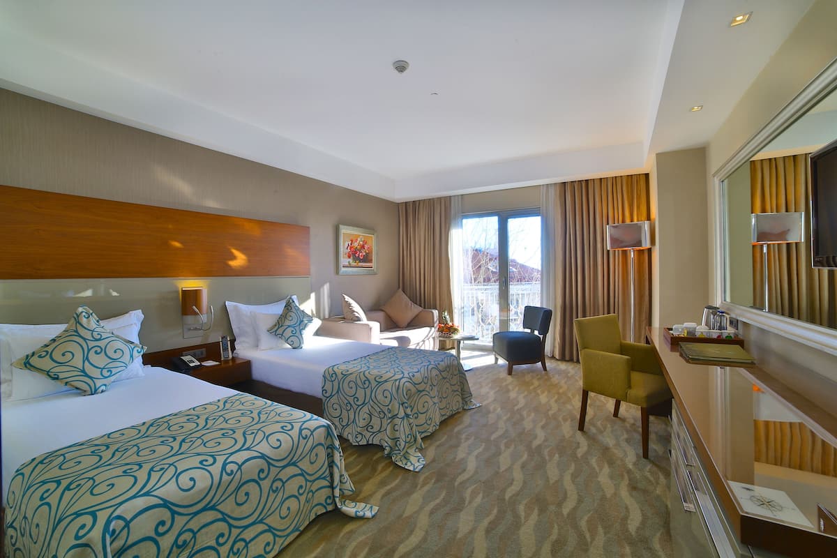 A hotel room with two beds, a desk, a chair, a TV, and a window with curtains.