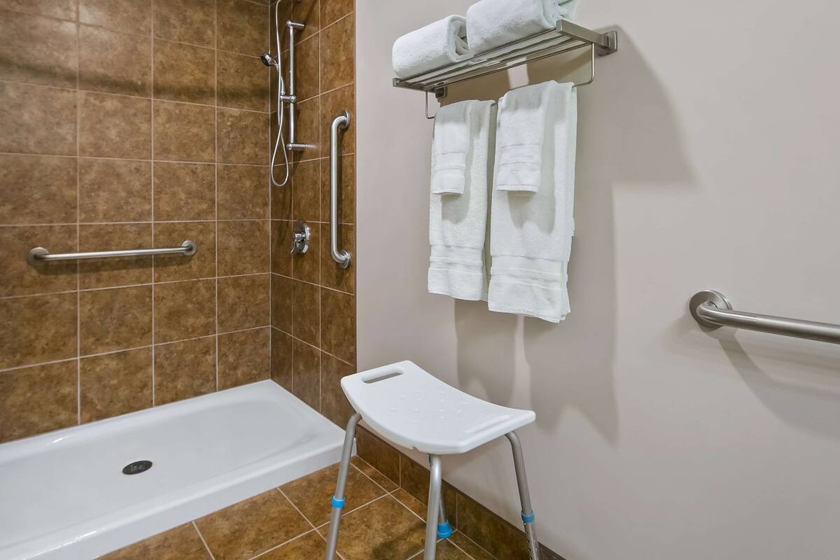 standard room, 2 queen beds, accessible, non smoking (walk-in shower) | bathroom | free toiletries, hair dryer, towels, soap