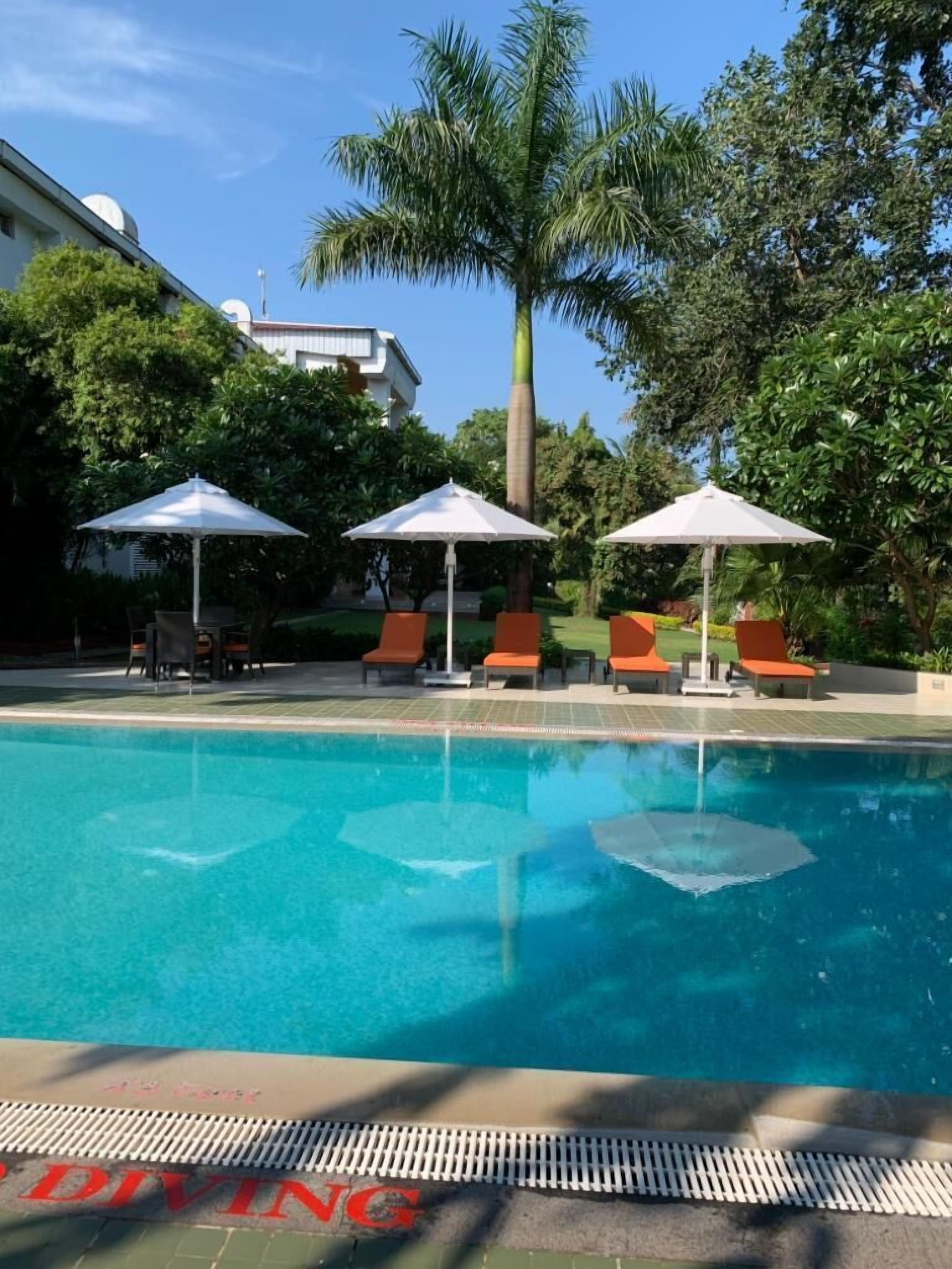 outdoor pool, pool umbrellas, pool loungers