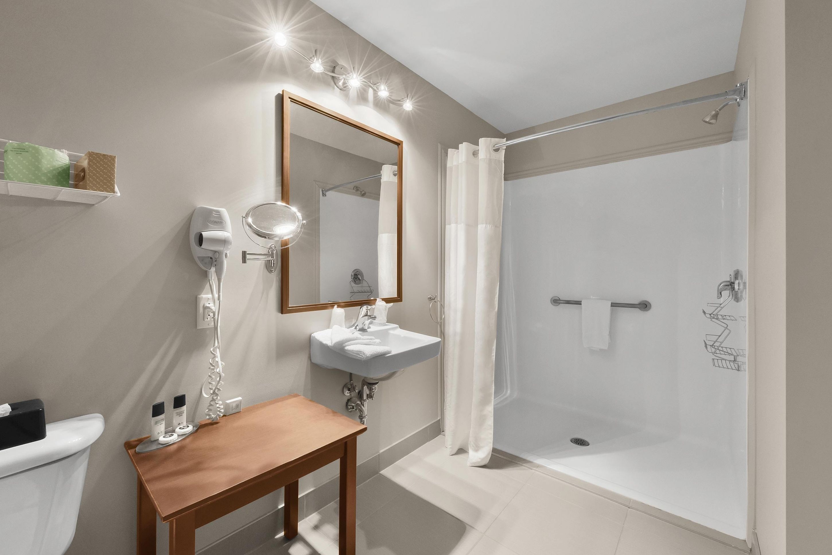 desk, blackout curtains, soundproofing, iron/ironing board