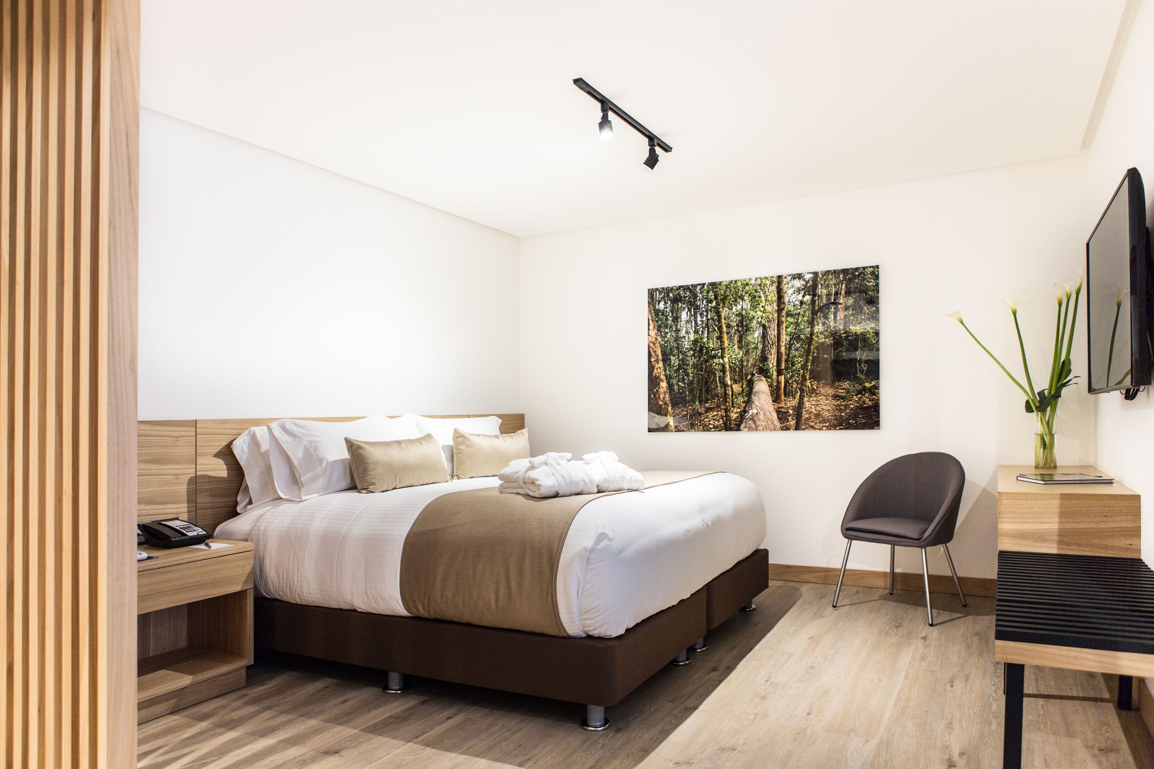 Una habitación de hotel moderna con una cama grande, mesitas de noche, un escritorio y una silla. Hay un cuadro en la pared y un televisor montado allí.