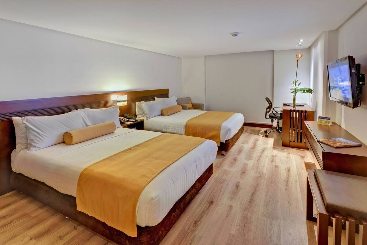 Habitación de hotel con dos camas, un escritorio, una silla, un televisor y una planta.