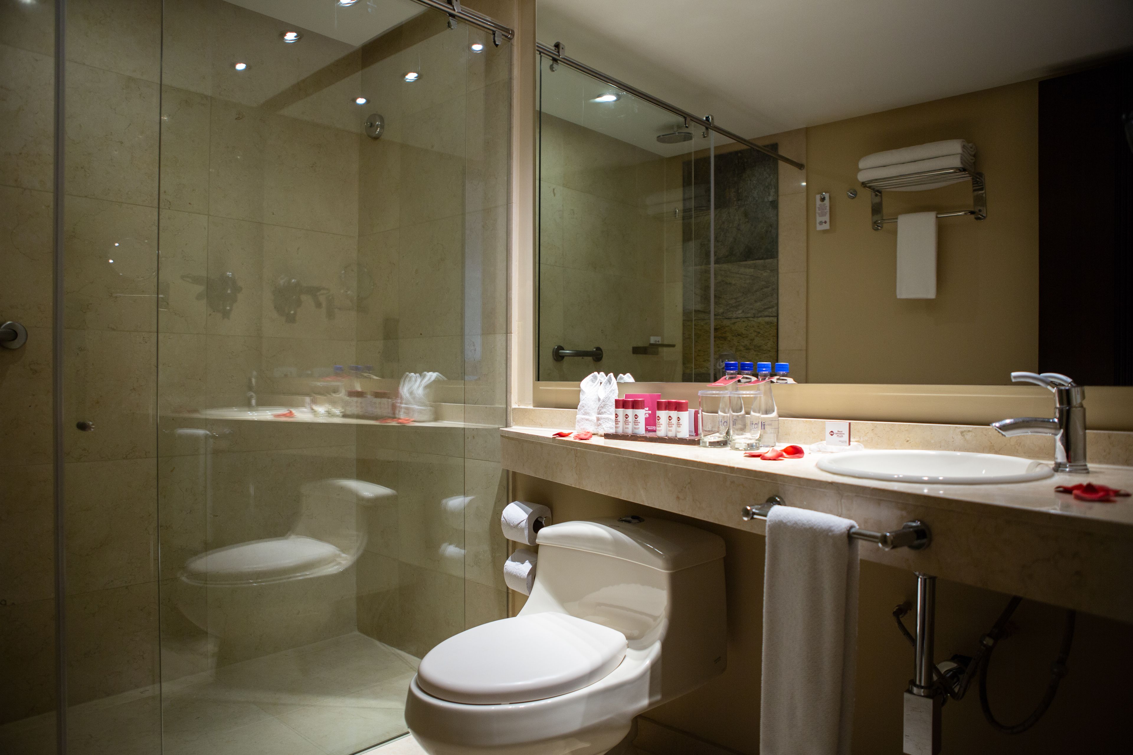 Un baño moderno con ducha envuelta en vidrio, inodoro blanco y lavamanos con espejo superior.