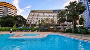 Outdoor pool, open 8:00 AM to 8:00 PM, pool umbrellas, sun loungers