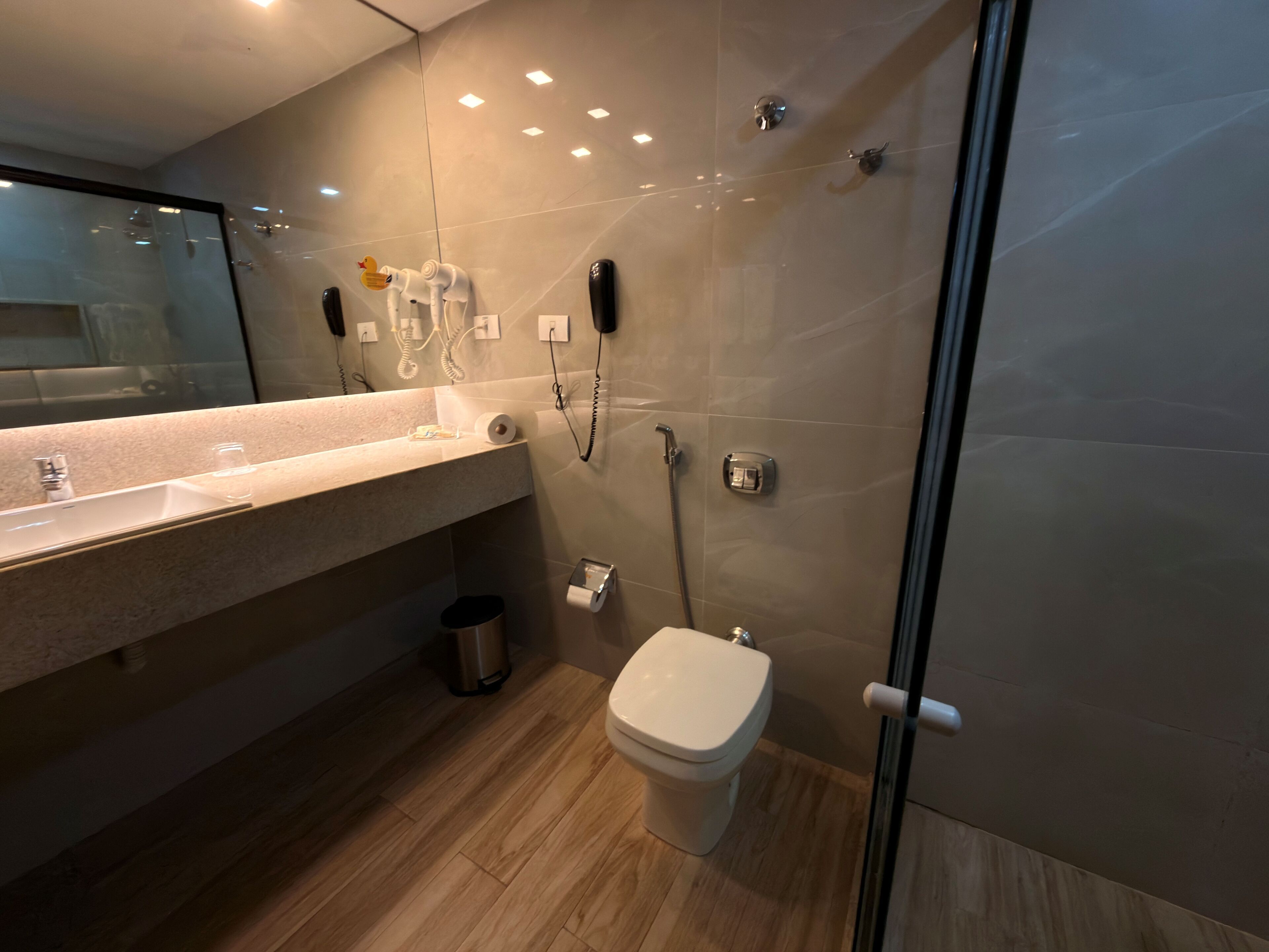 Et moderne badeværelse med brusekabine i glas, toilet og et vaskeskab med vask og spejl.
