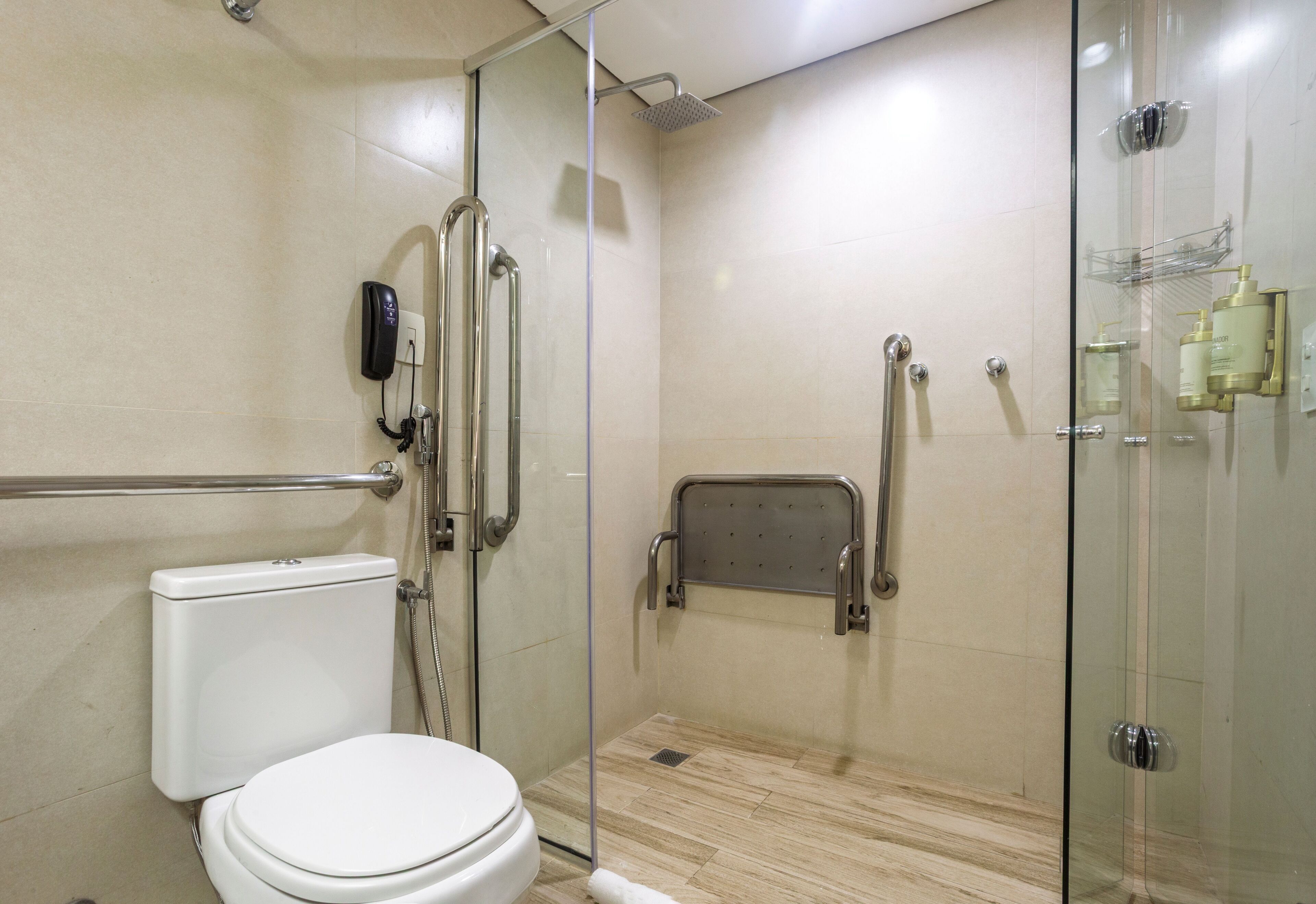 A modern bathroom with a glass-enclosed shower, a toilet, and a handrail.