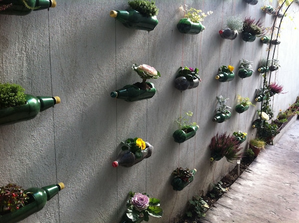 Eine Wand mit mehreren vertikal angeordneten grünen Flaschen, in denen Pflanzen stehen.