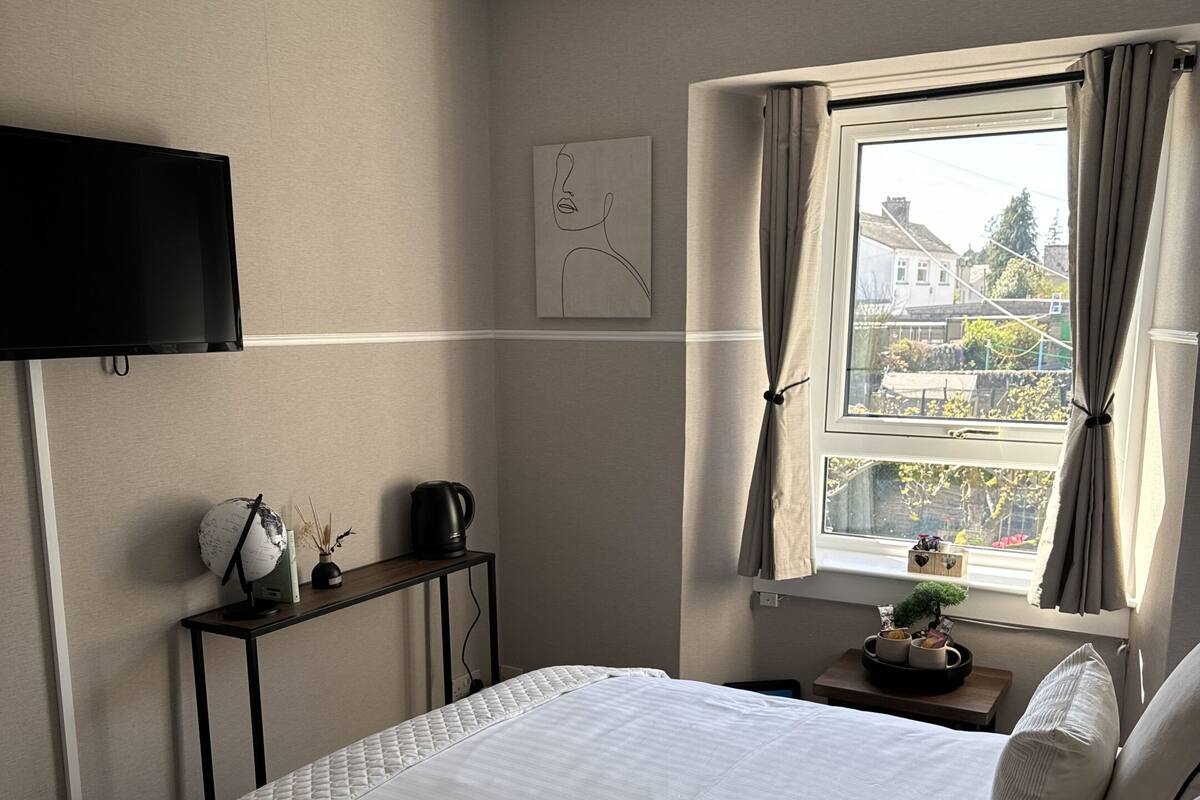 A bedroom with a bed, a flat-screen TV, a bedside table with a globe and a lamp, and a window with curtains.