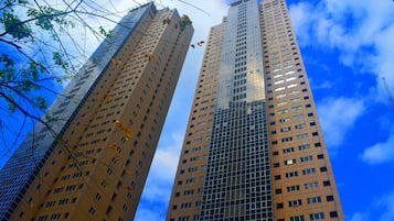 Two tall buildings with a clear sky and some leaves in the foreground.
