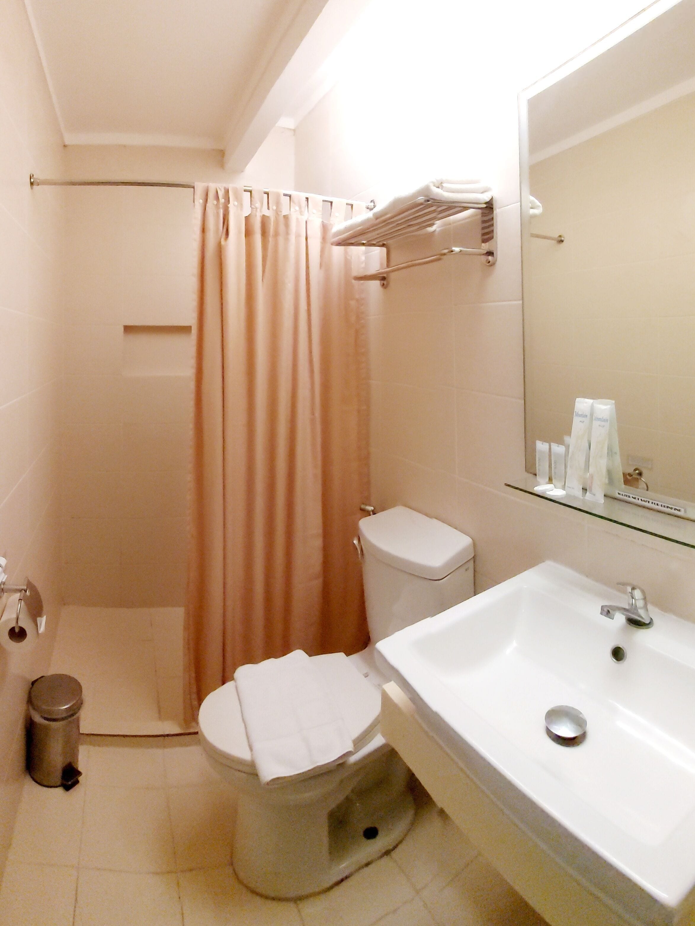 A bathroom with a shower, toilet, and sink.
