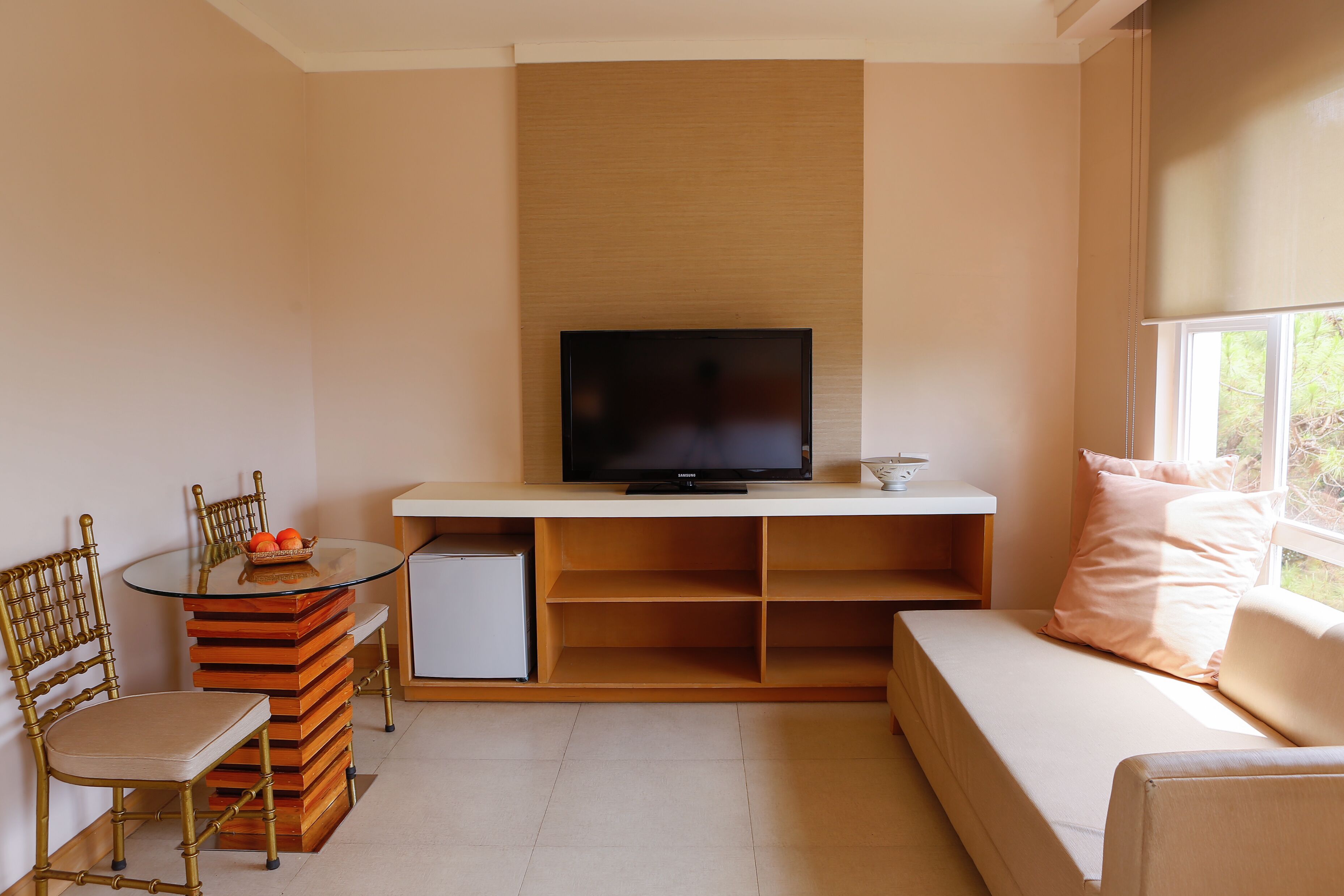 A compact living space with a television on a stand, a dining table with chairs, a sofa, and a window.