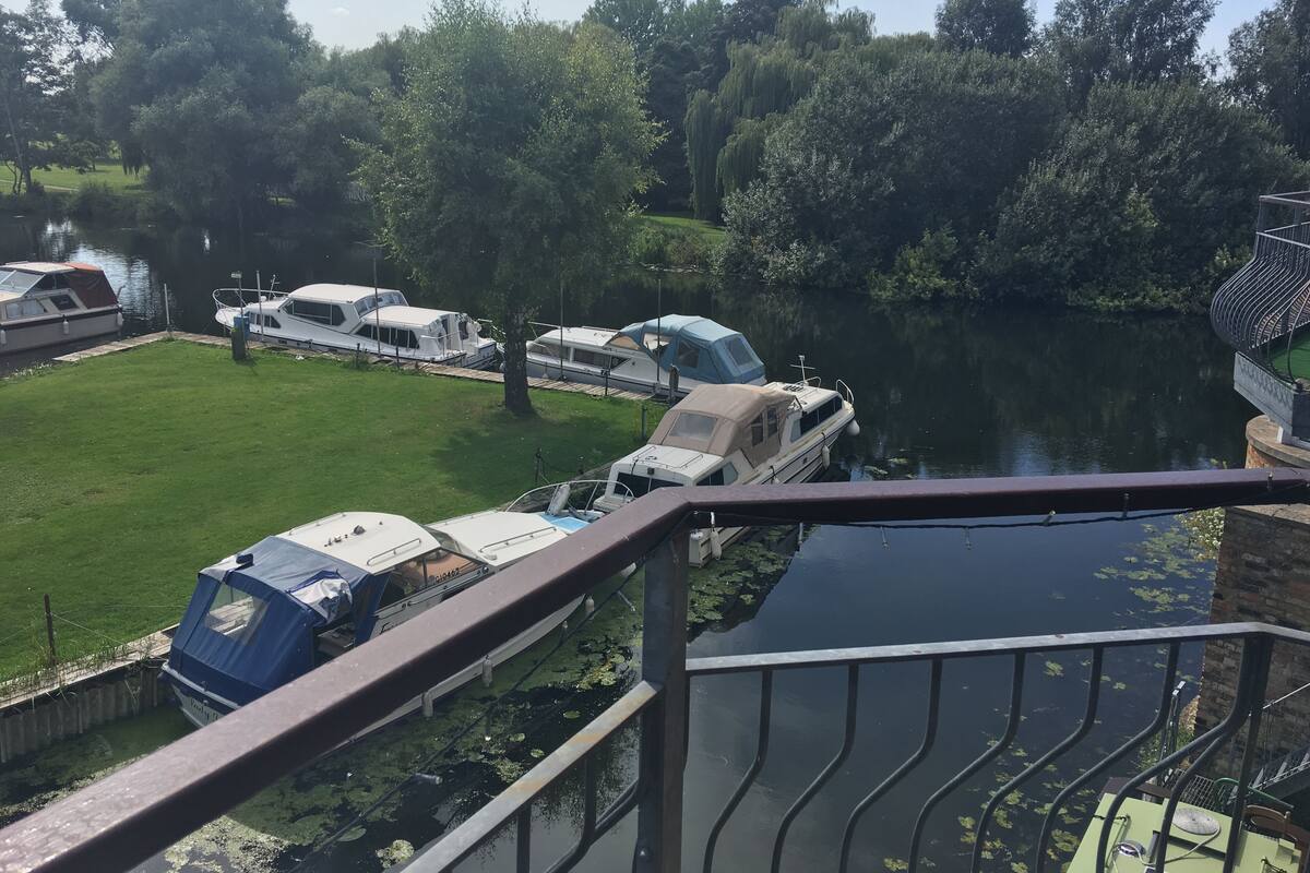 Une vue sur le fleuve, avec des bateaux amarrés le long de la rive, une zone herbeuse et des arbres en arrière-plan.