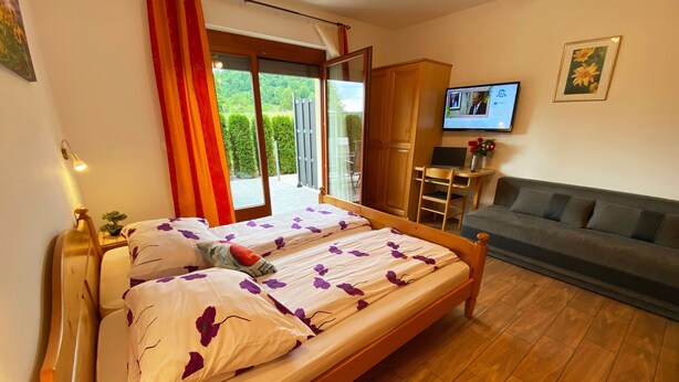 Une chambre avec un lit, un canapé, une télévision et une vue sur la verdure.