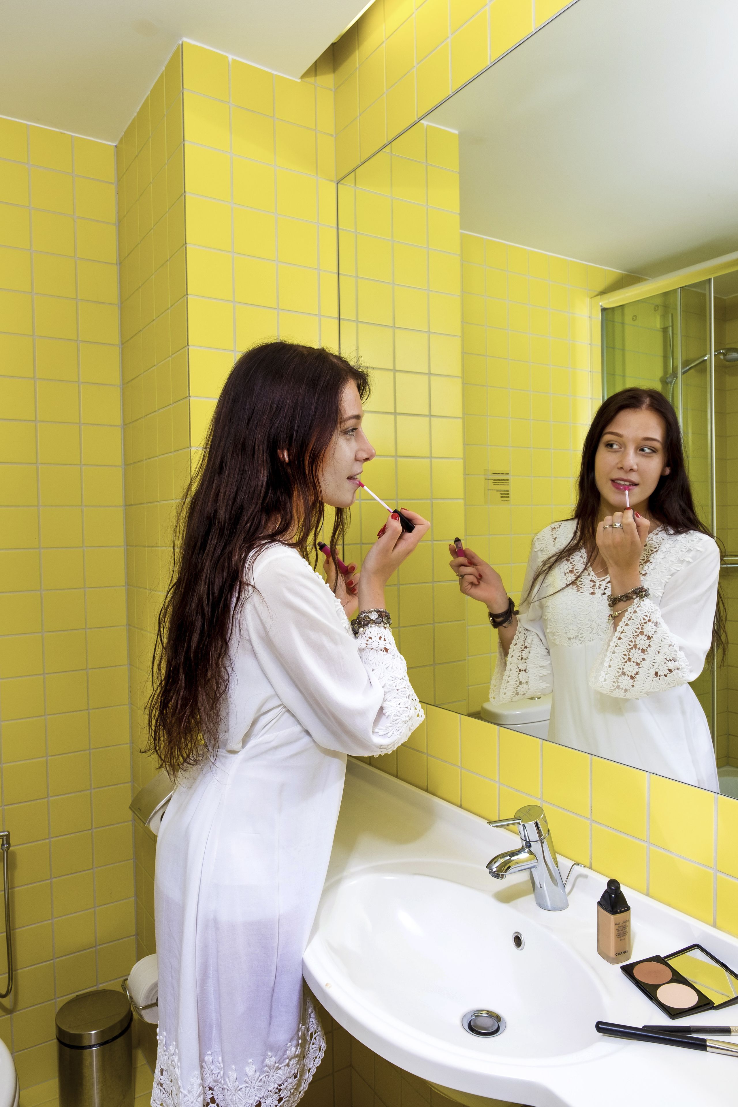 shower, rainfall showerhead, hair dryer, towels