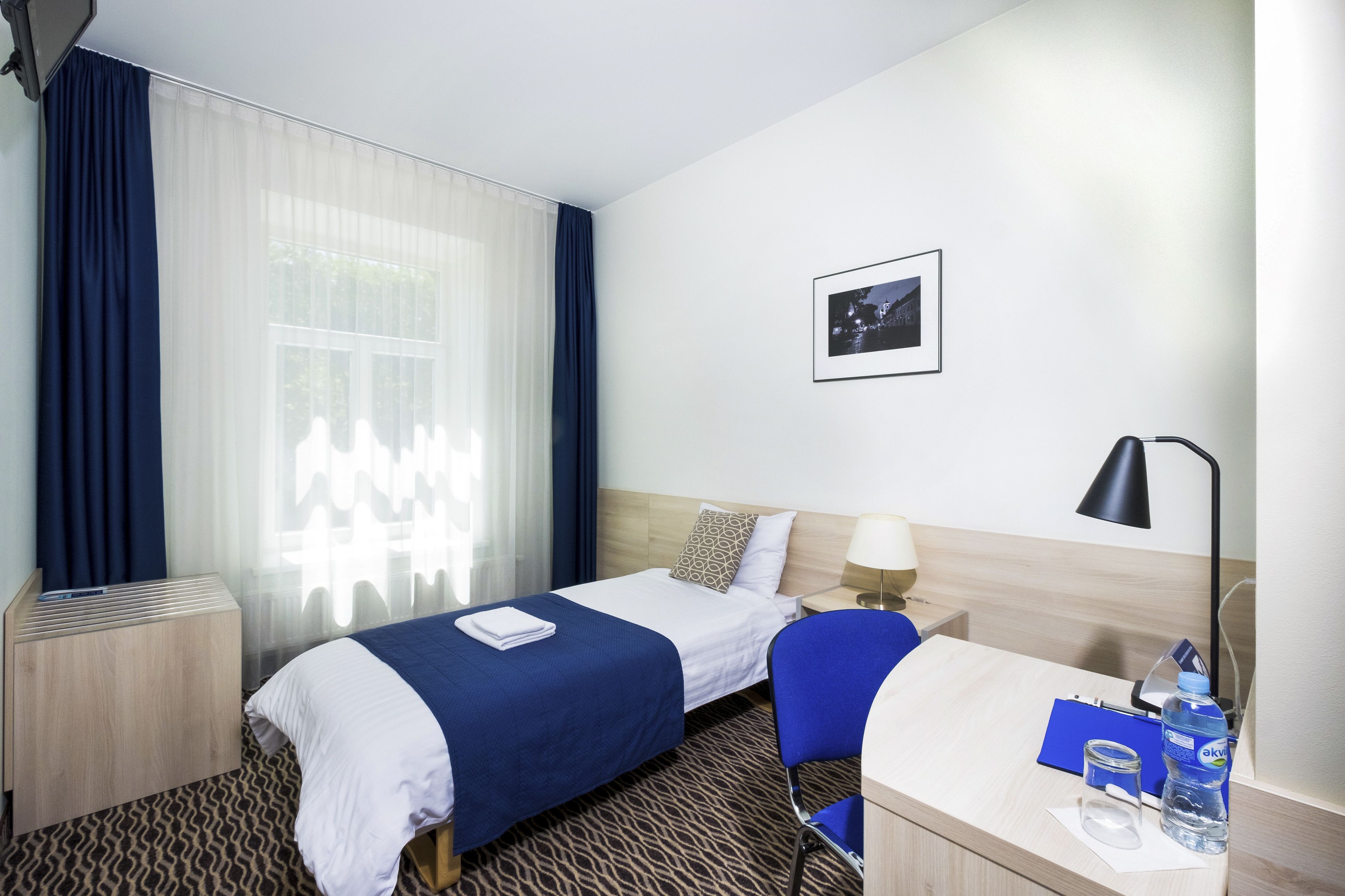 A hotel room with a bed, a desk, a chair, a nightstand, a lamp, a picture on the wall, and a window with curtains.