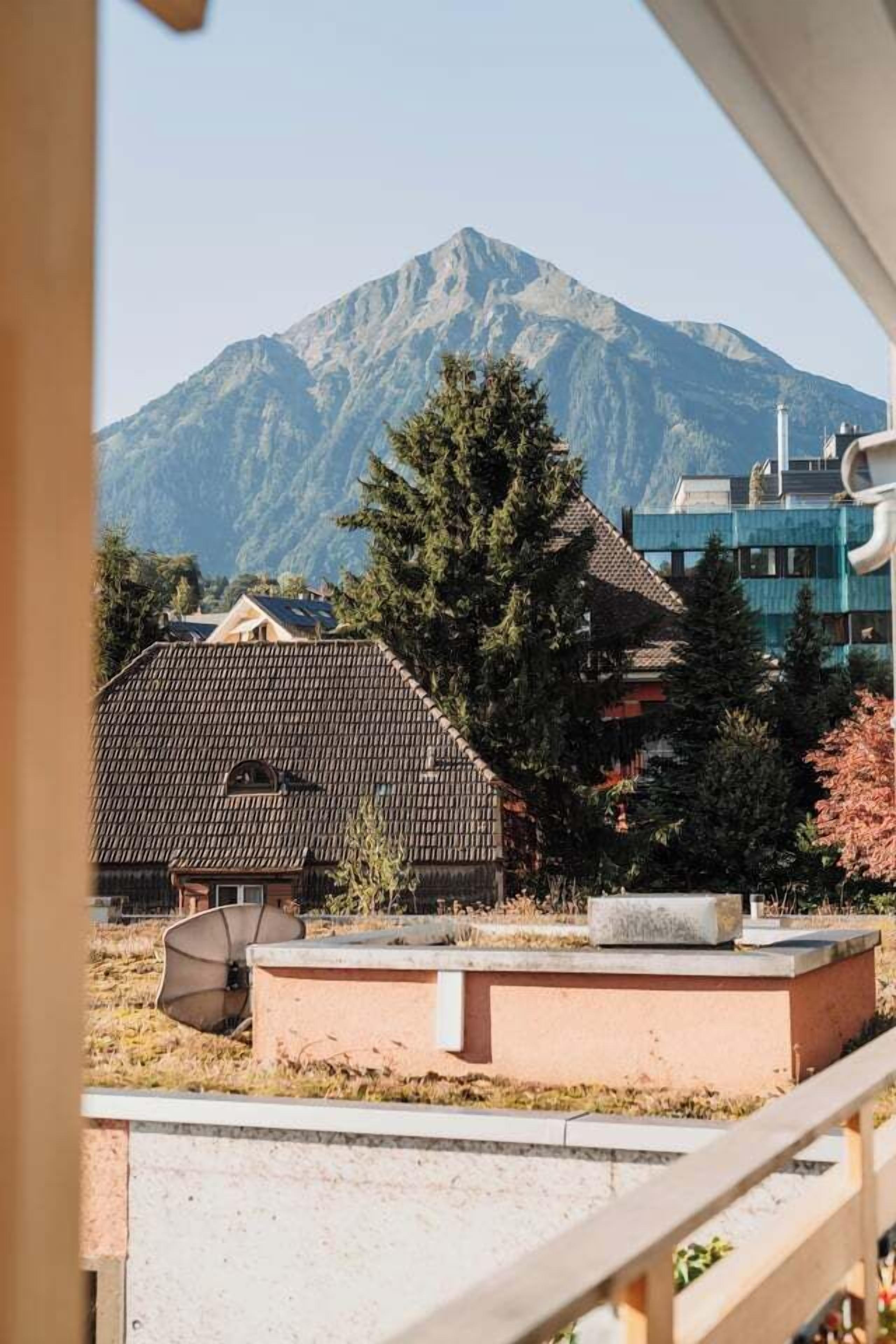 A residential area with a mountain in the background, houses with sloped roofs, and a satellite dish.
