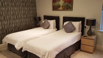 A double bed with a dark headboard and a decorative pillow, a bedside table with a lamp, and a painting on the wall.
