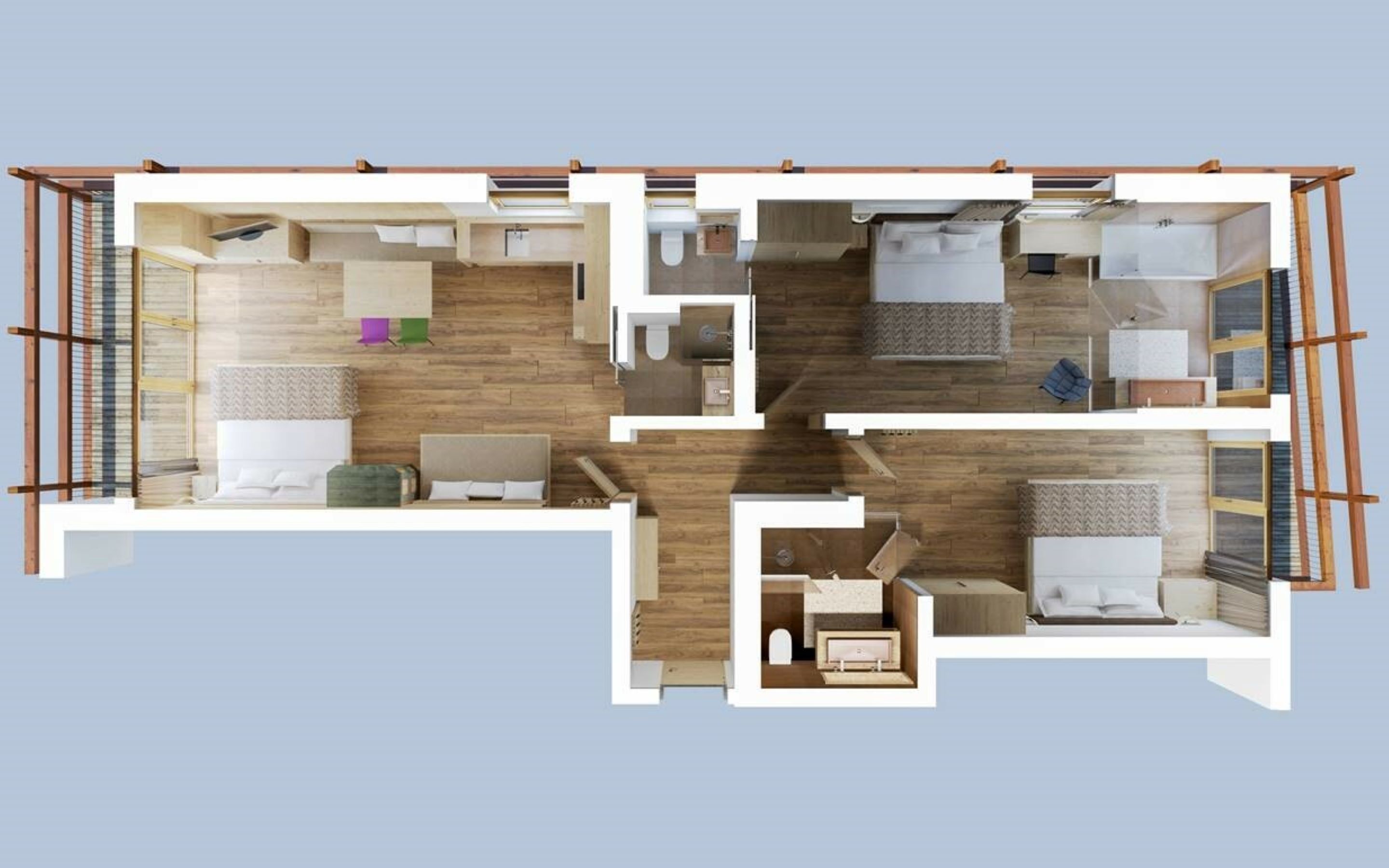 A floor plan of a hotel room with a bed, a desk, a chair, a wardrobe, and a bathroom.