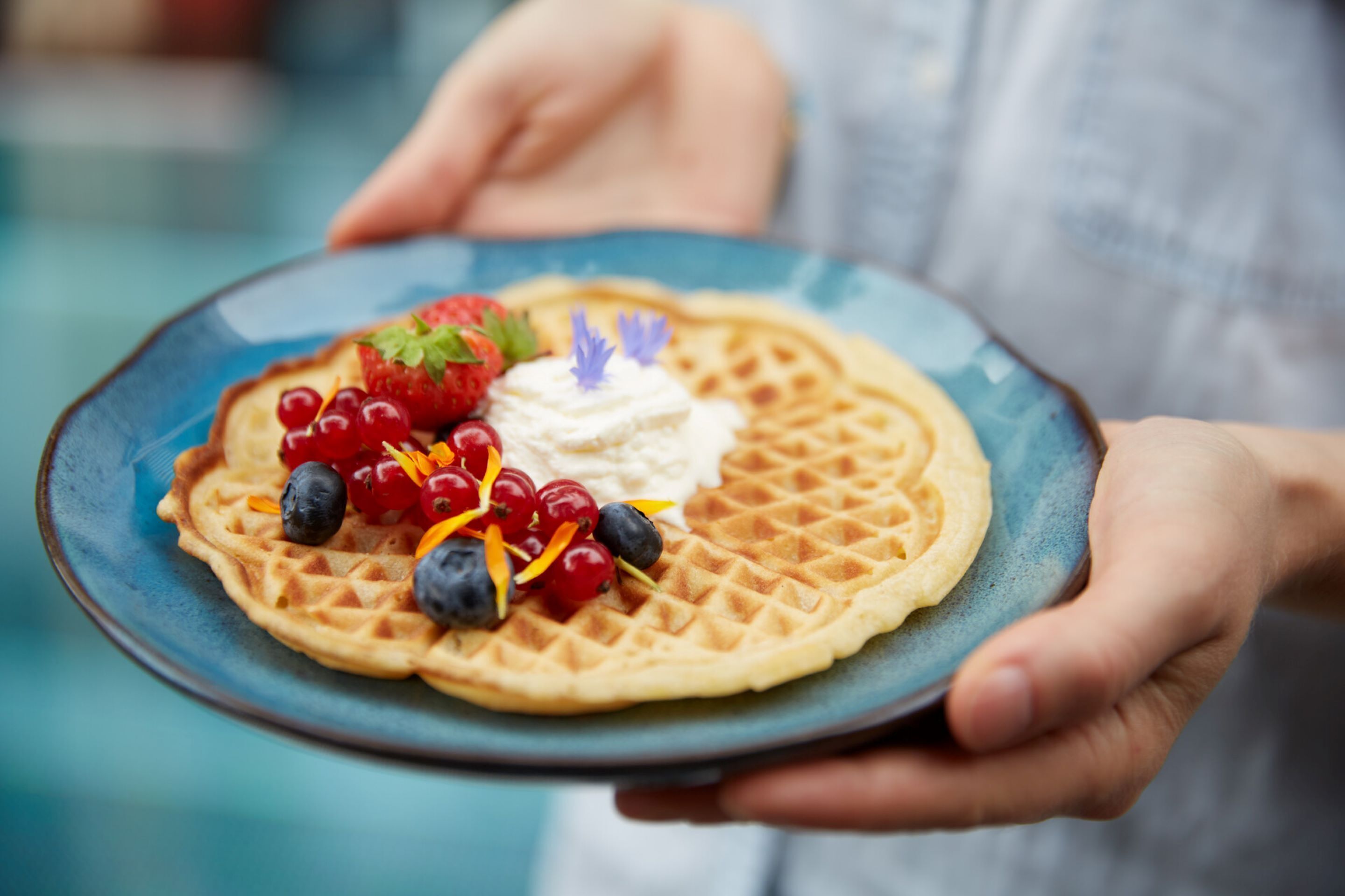 A person holding a plate with a waffle, strawberries, blueberries, and whipped cream.