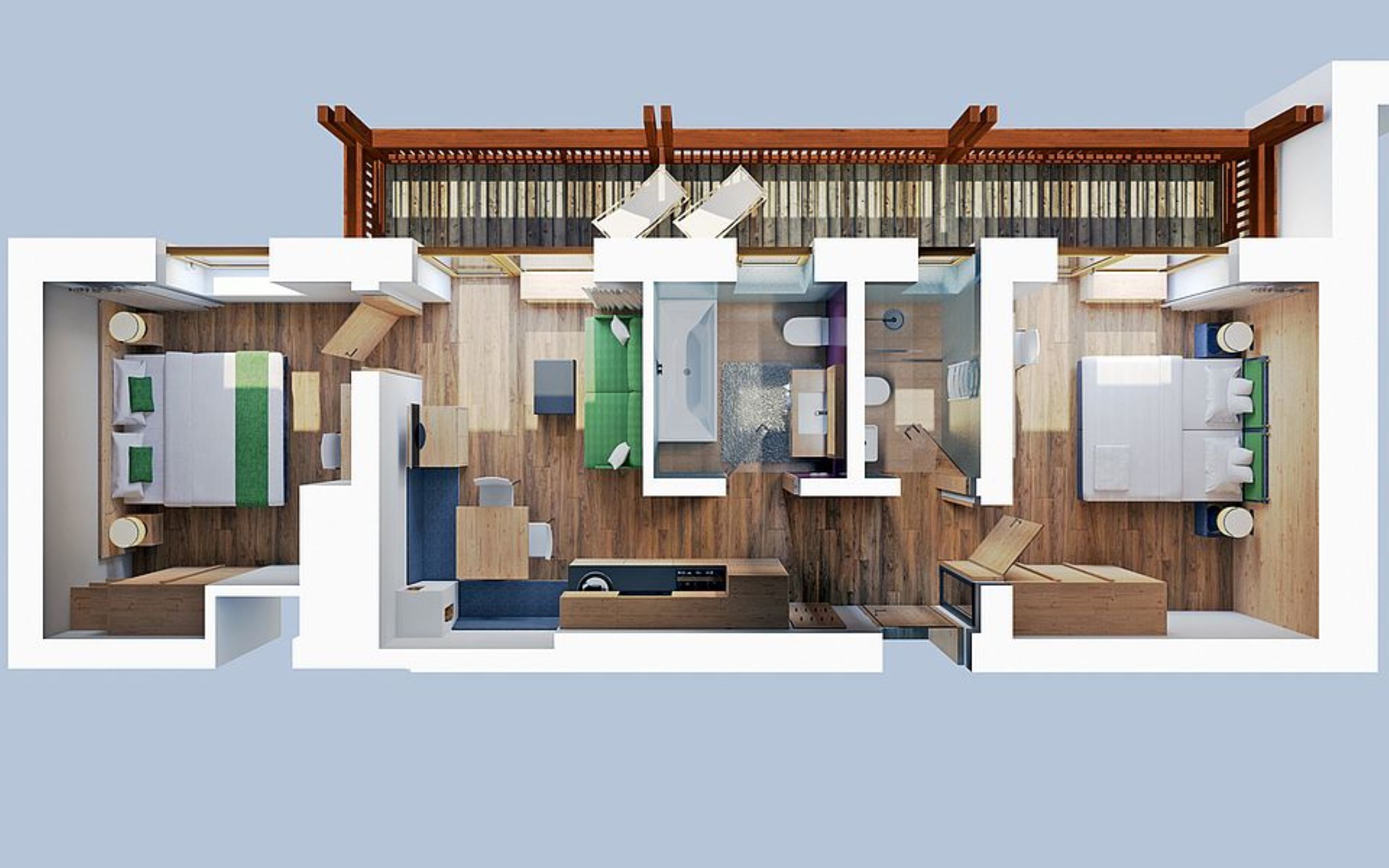 Distribución moderna de una habitación de hotel con cama, zona de estar, baño y balcón.