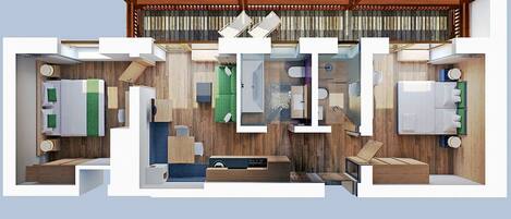 Distribución moderna de una habitación de hotel con cama, zona de estar, baño y balcón.