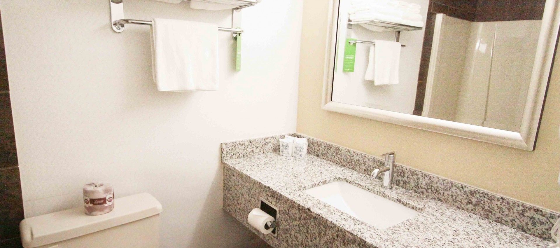 Ein Badezimmer mit Granitwaschtisch, Spiegel, Toilette und Handtuchhalter.