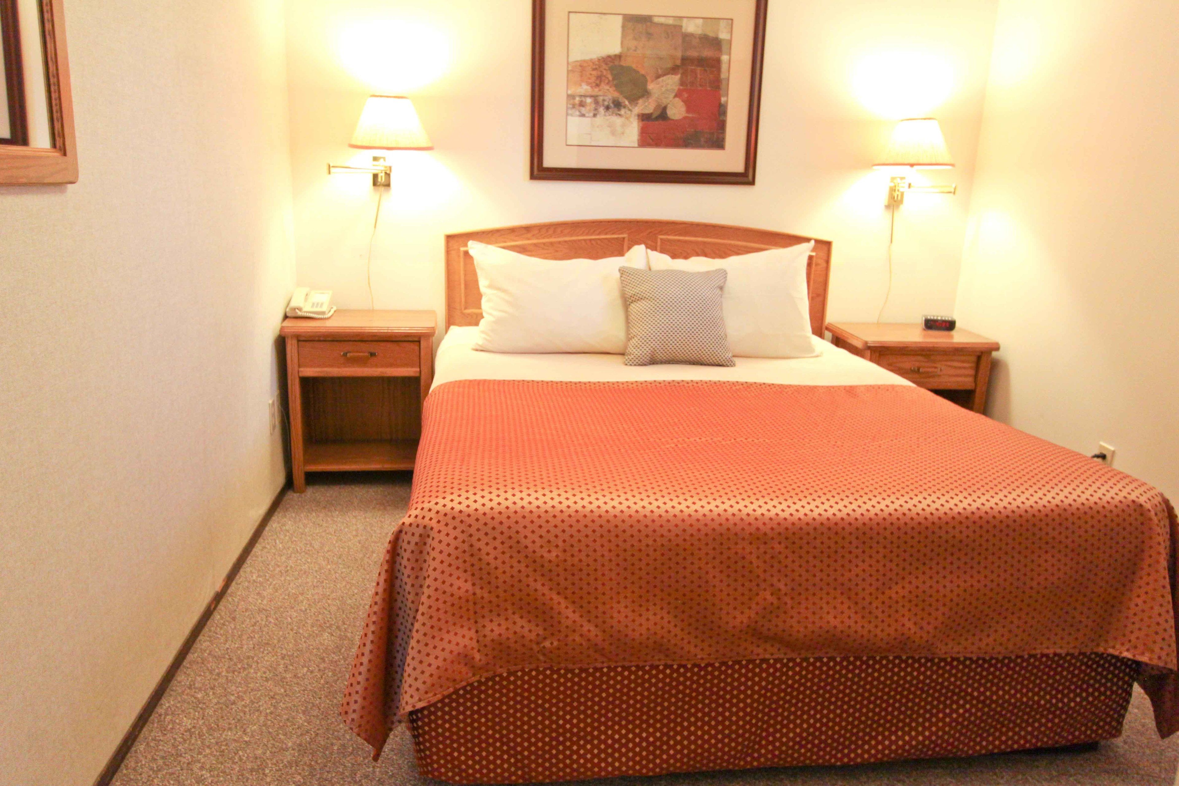 Habitación de hotel con una cama grande, dos mesitas de noche, una lámpara y un cuadro en la pared.