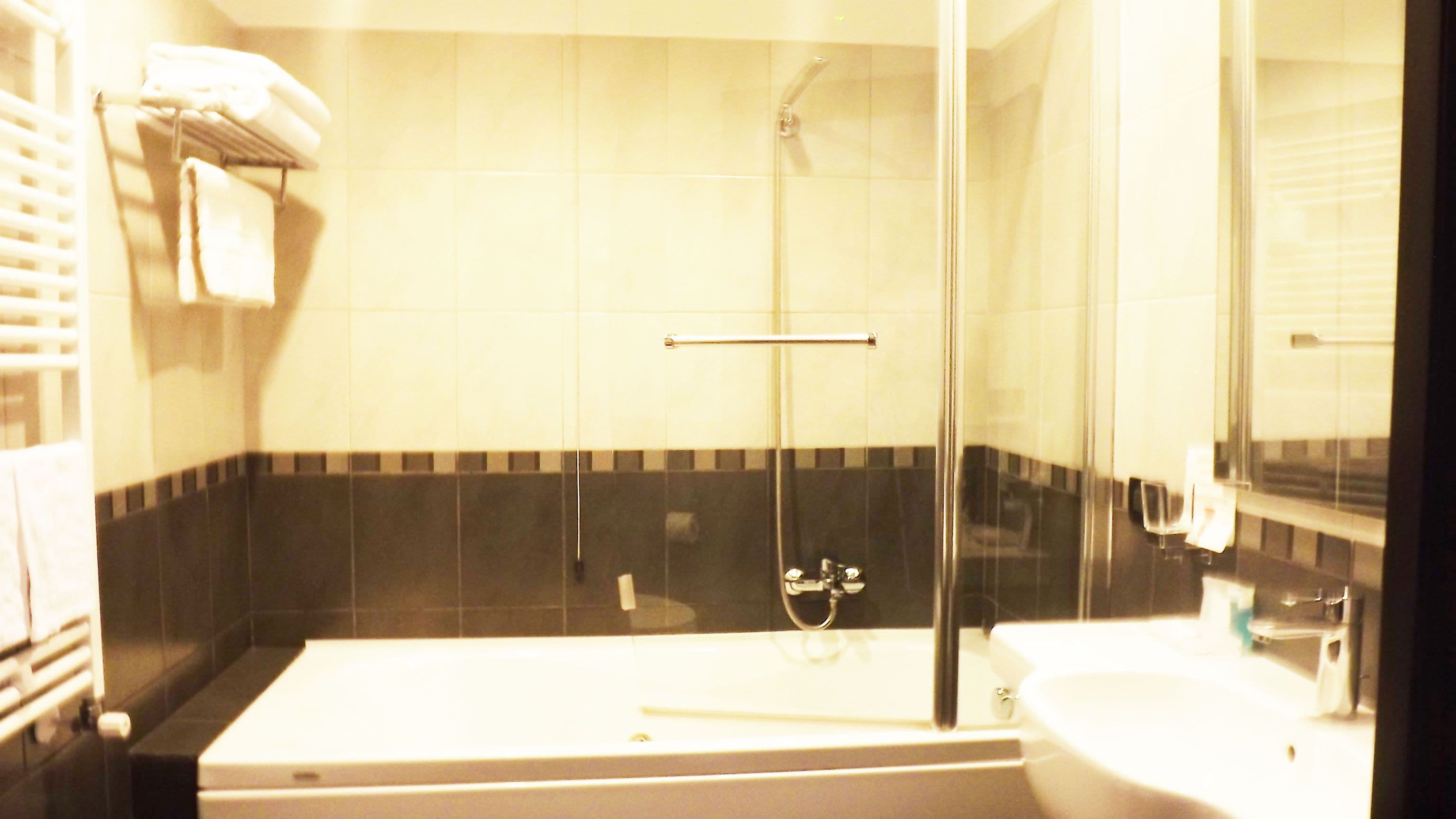 shower, rainfall showerhead, hair dryer, towels