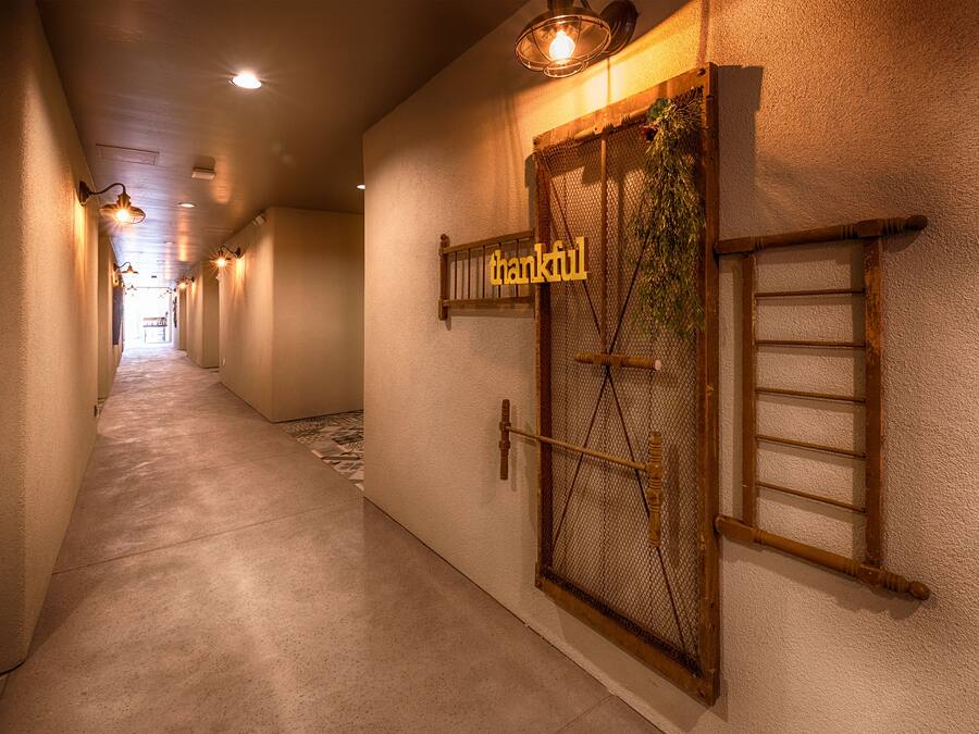 A hallway with a wooden door labeled "thankful," a ladder, and a hanging plant.