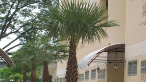 A courtyard with palm trees and planters, a covered walkway, and a building with a beige facade. - Rafael Mansion Bangkok Airport (Bang Phli)