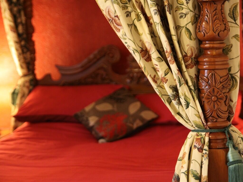 A bed with red bedding and a floral-patterned canopy.