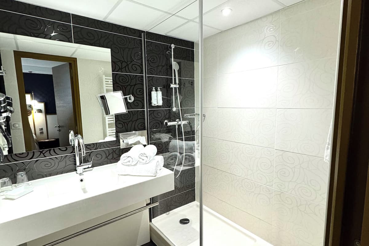 shower, free toiletries, hair dryer, towels