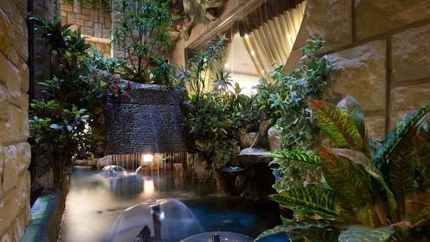 An indoor garden with a water feature, stone walls, and various plants. - Happiness Hotel (Taipei)