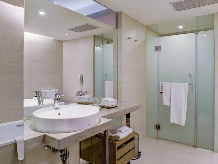 A modern bathroom with a large sink, mirror, and glass shower enclosure.