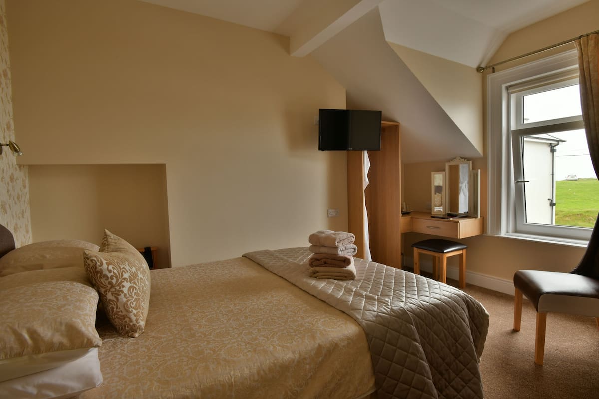 Habitación de hotel con una cama grande, un escritorio, una silla, un televisor de pantalla plana y una ventana con cortinas.