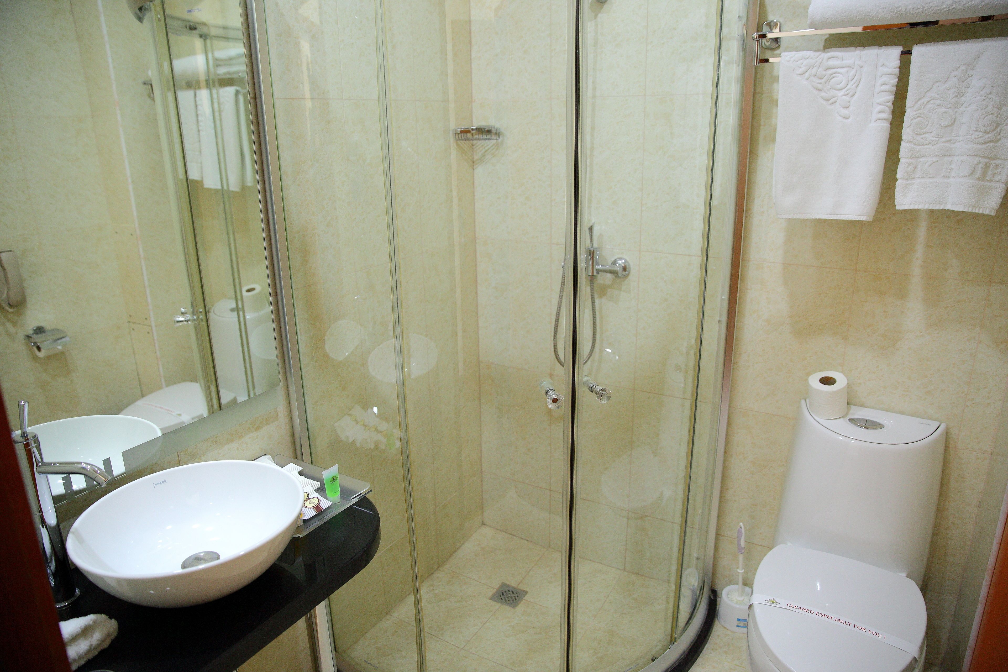 A bathroom with a glass-enclosed shower, a white sink, and a toilet.